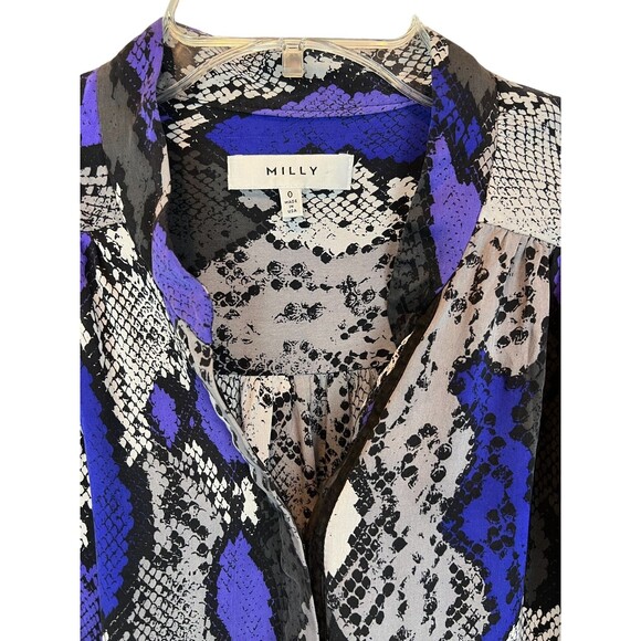 Milly Silk Partial Hook Front Closure Shirt Blouse  Women's Size 0  Purple Snake - Picture 5 of 8